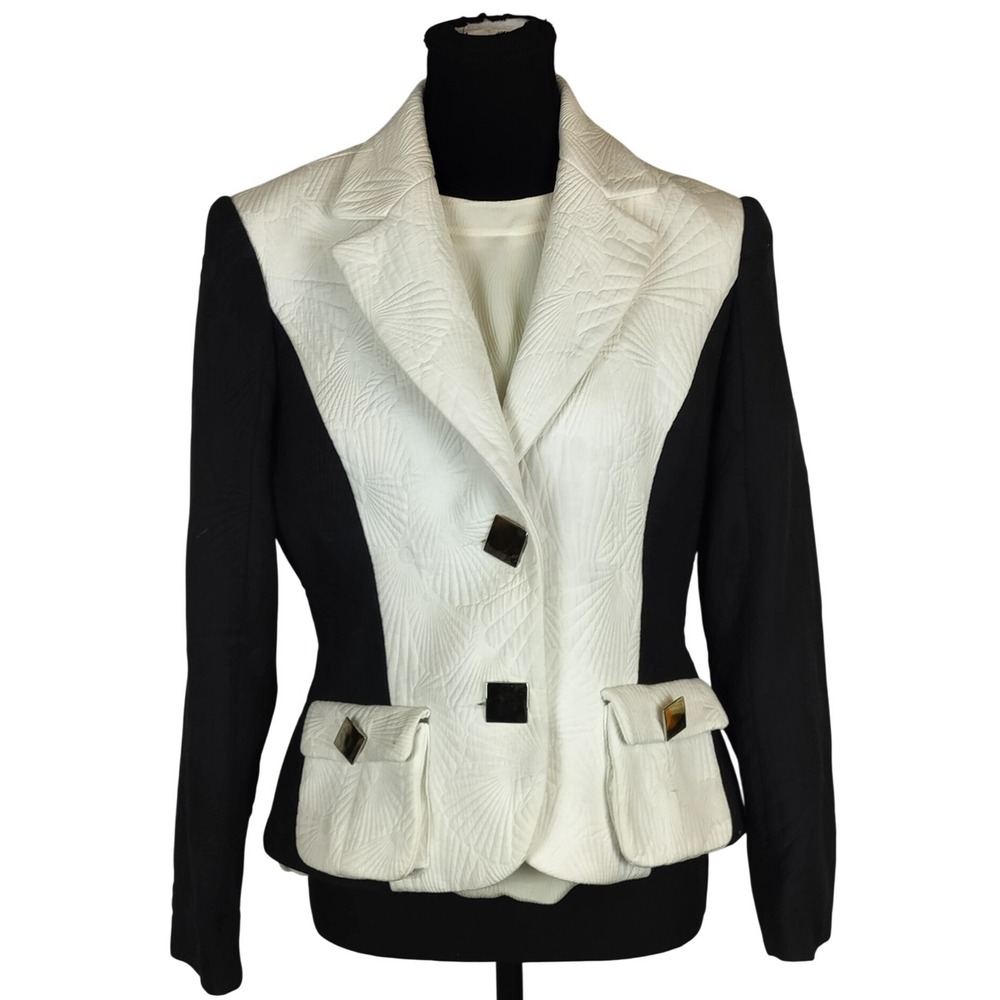 Ross Mayer Cotton Matelasse Textured Colorblock Blazer Womens L Black White